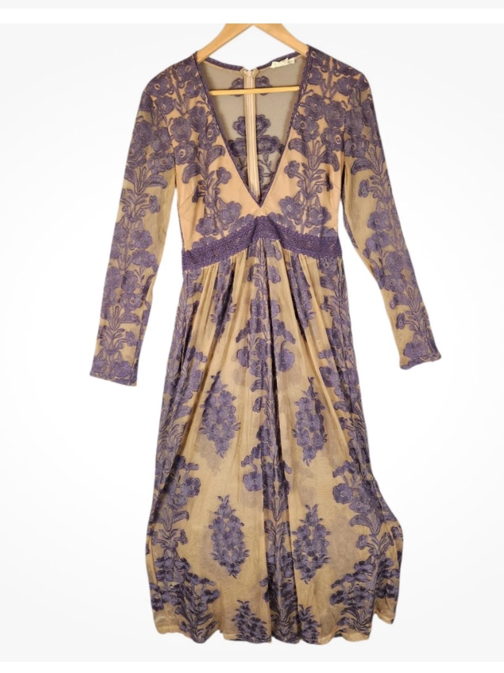 For Love & Lemons Purple Cream Sheer Lace Embroidered Maxi Dress L Romantic Boho - Picture 2 of 7